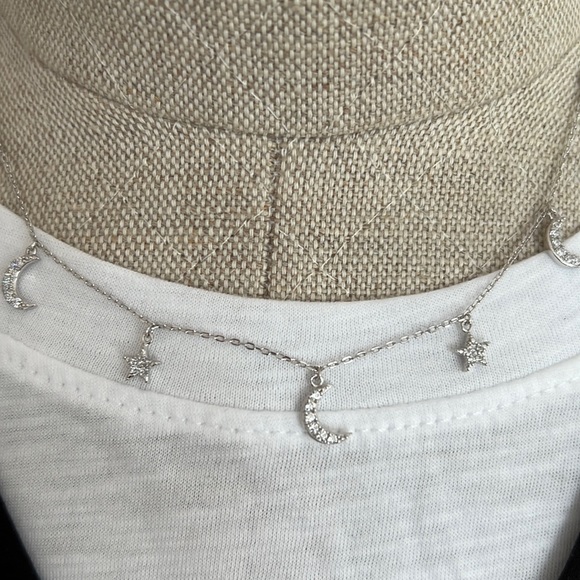 .925 Sterling Silver Pave Crystal Star and Moon Necklace - NEW - Picture 3 of 4